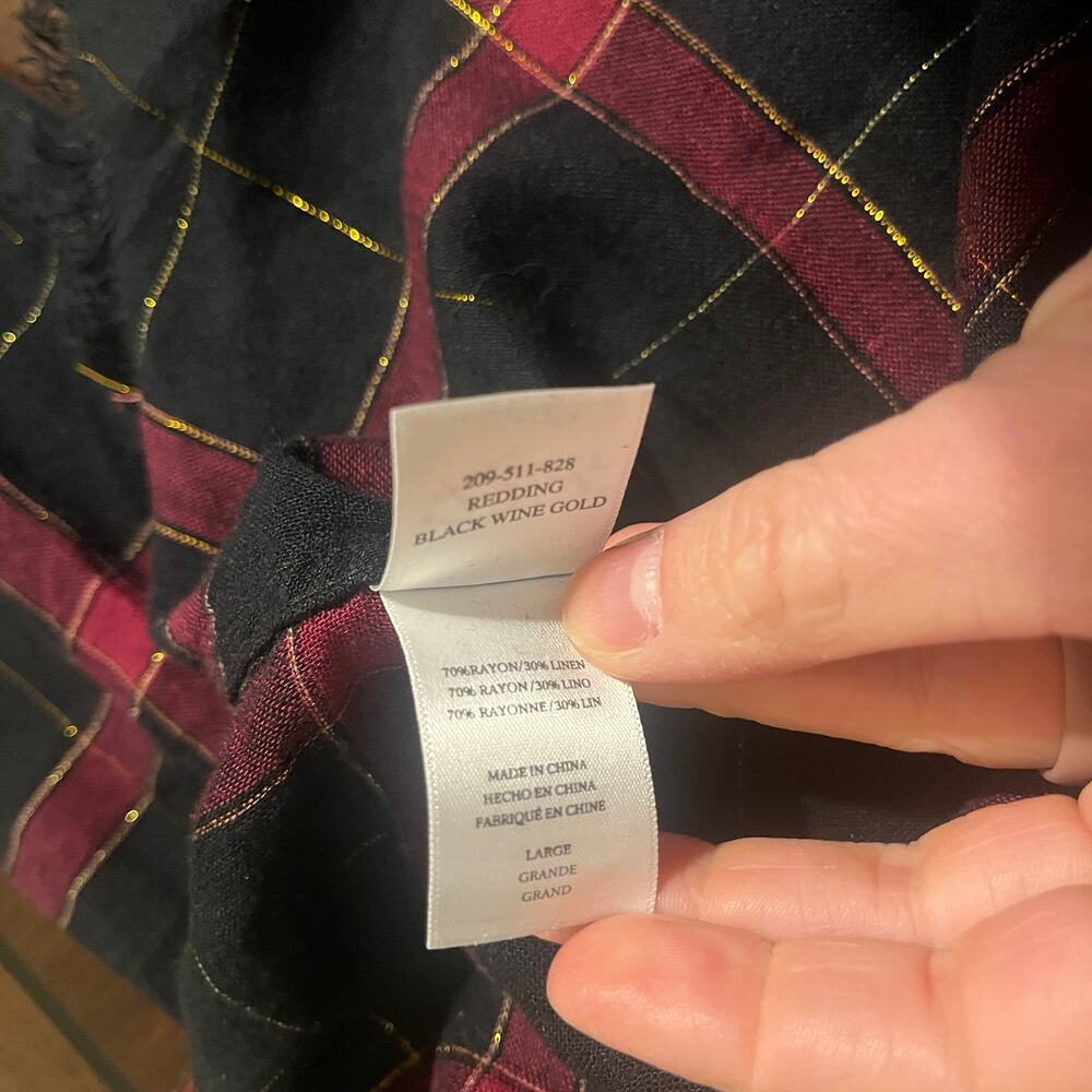 Rails Redding Linen Raw Hem Plaid Long Sleeve Popover Shirt Black Wine Gold Sz L - Picture 8 of 8